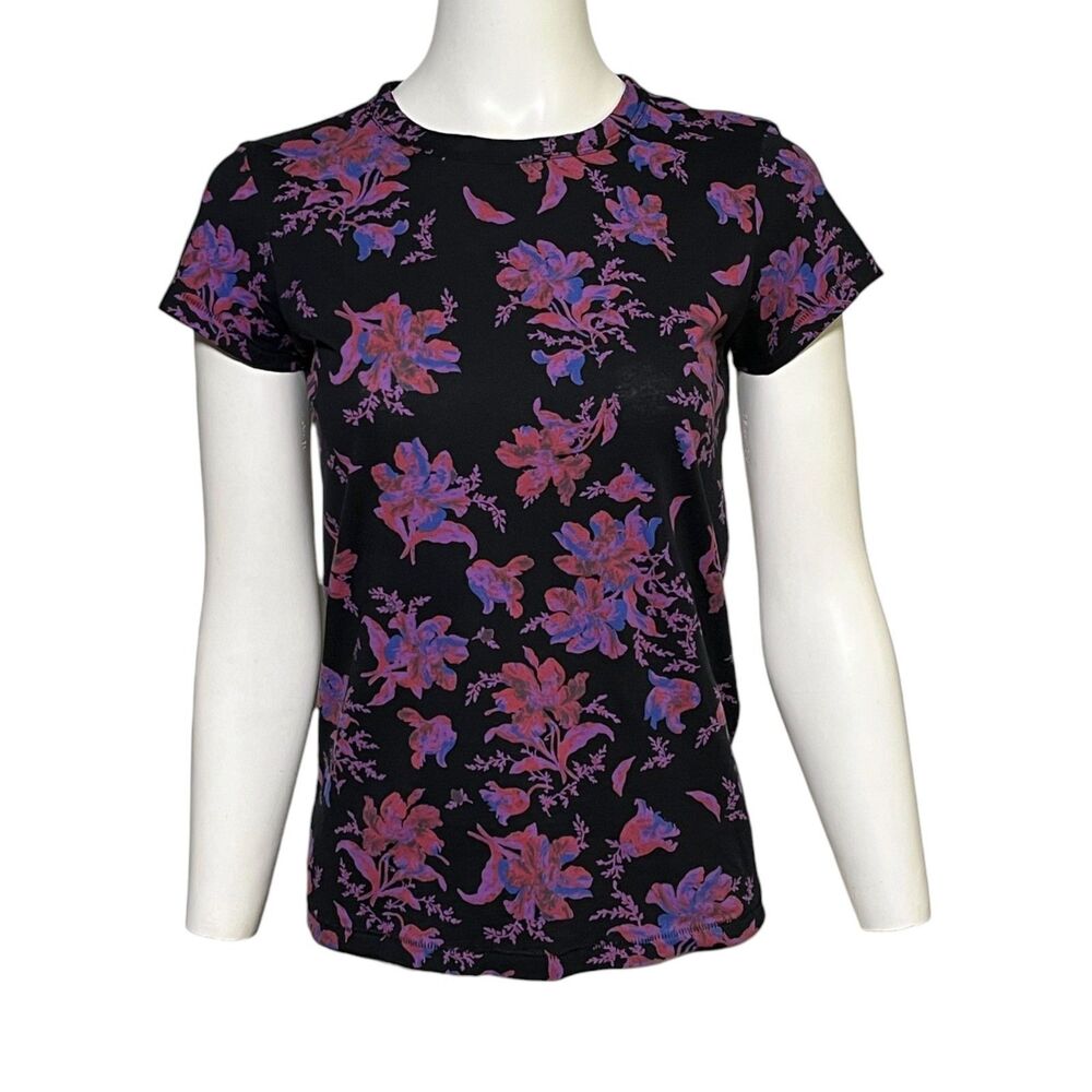 rag & bone Floral T Shirt Women Small Black Pink Organic Cotton Crew Neck - Picture 2 of 9